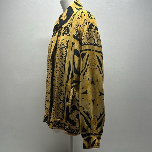 Peter Nygard Bomber Jacket Coat Baroque Print Satin Pure Silk Black Gold Size 10 - Picture 7 of 10